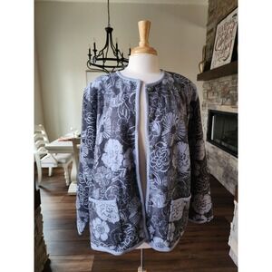 Cottagecore Women's XL Floral Button Front Coat Gray Blue 100% Wool